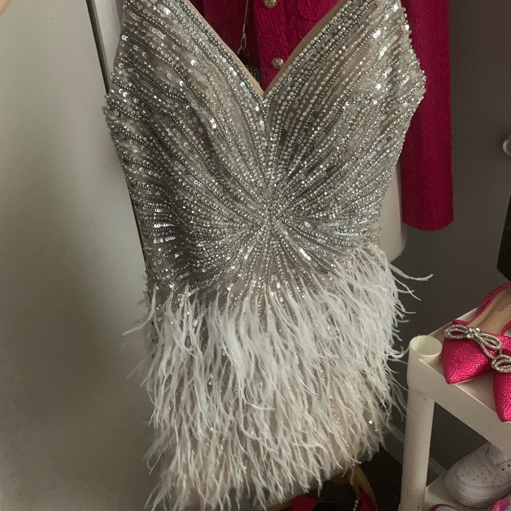Beige Rhinestone Feather Mini Dress - Picture 5 of 6